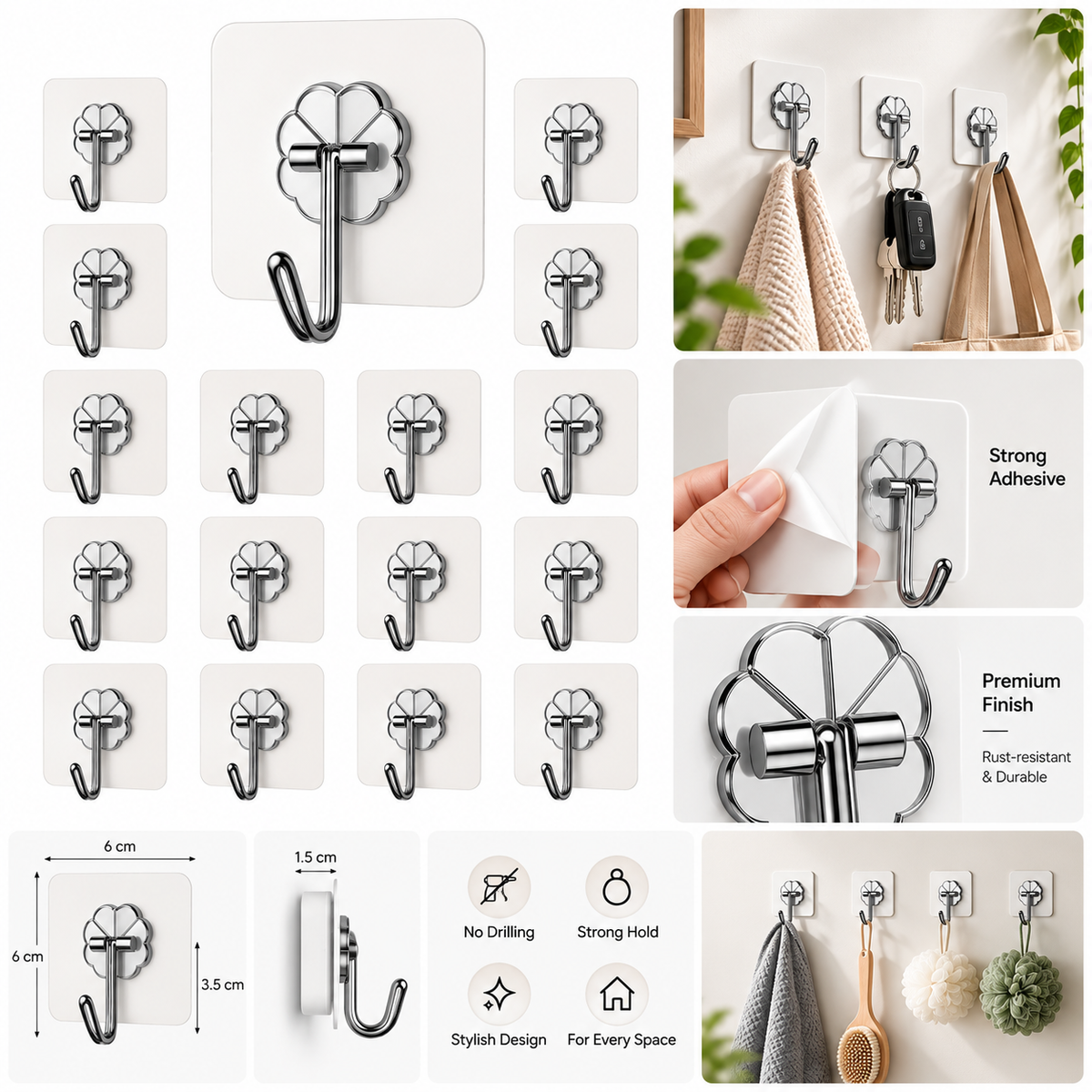 Flower Wall Hook – Strong Adhesive, No-Drill, Holds up to 5kg
